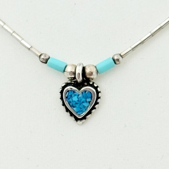 Sterling Silver Necklace w/Heart Turquoise Inlay - Picture 4 of 7